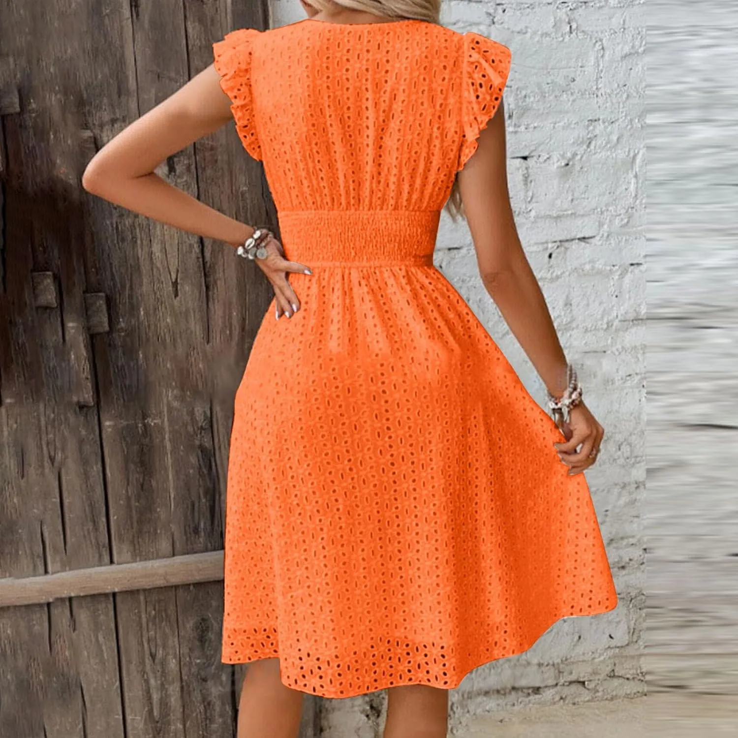 2025 Summer Dresses Women's Eyelet Lace Embroidered Smocked Waist Flutter Sleeve A Line Midi Dress Beach Sundress