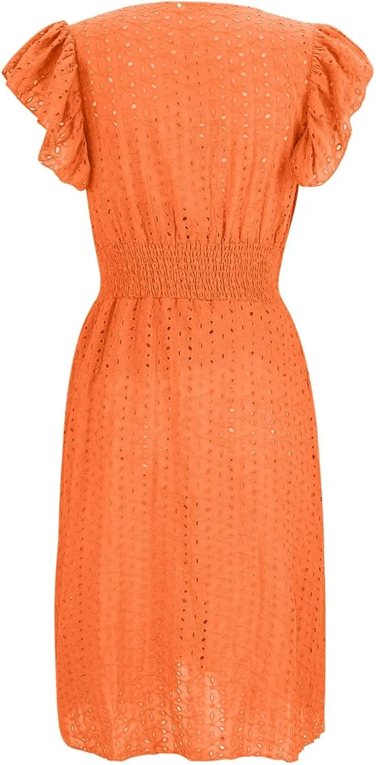 2025 Summer Dresses Women's Eyelet Lace Embroidered Smocked Waist Flutter Sleeve A Line Midi Dress Beach Sundress
