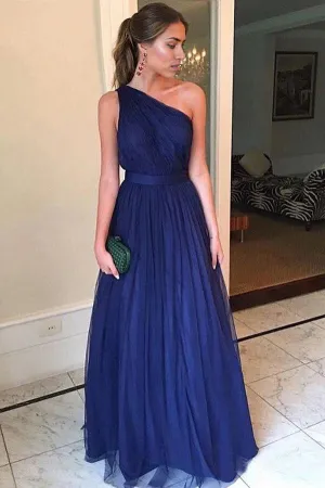 A-line One Shoulder Simple Tulle Long Prom Dresses