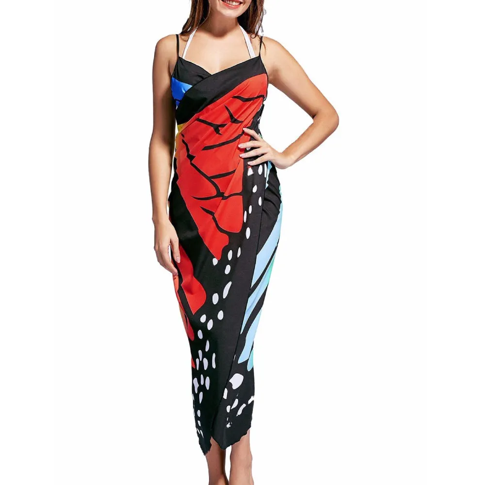Beach Wrap Bikini Cover Ups Butterfly Pattern Spaghetti Strap Sarongs Beach Backless Wrap Dresses