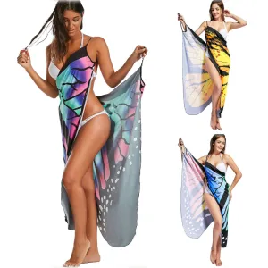 Beach Wrap Bikini Cover Ups Butterfly Pattern Spaghetti Strap Sarongs Beach Backless Wrap Dresses