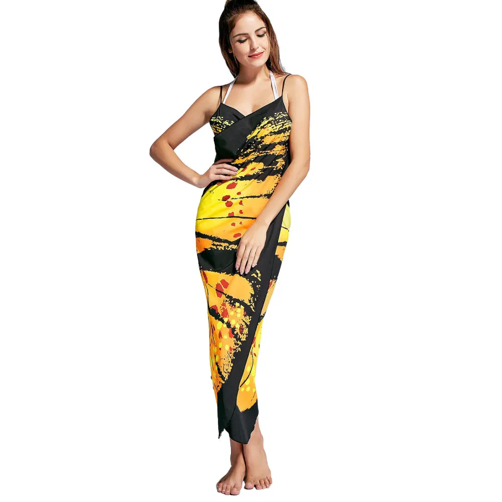 Beach Wrap Bikini Cover Ups Butterfly Pattern Spaghetti Strap Sarongs Beach Backless Wrap Dresses