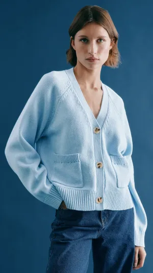 Blue Relaxed V Neck Cardigan