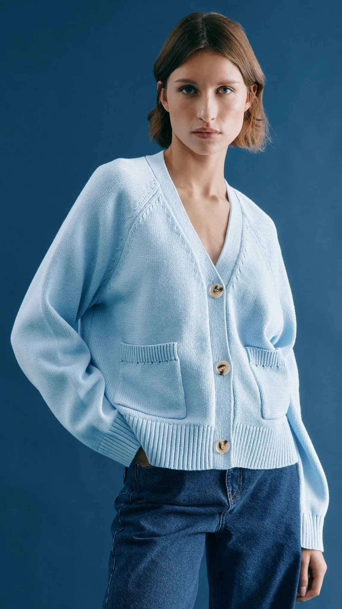 Blue Relaxed V Neck Cardigan