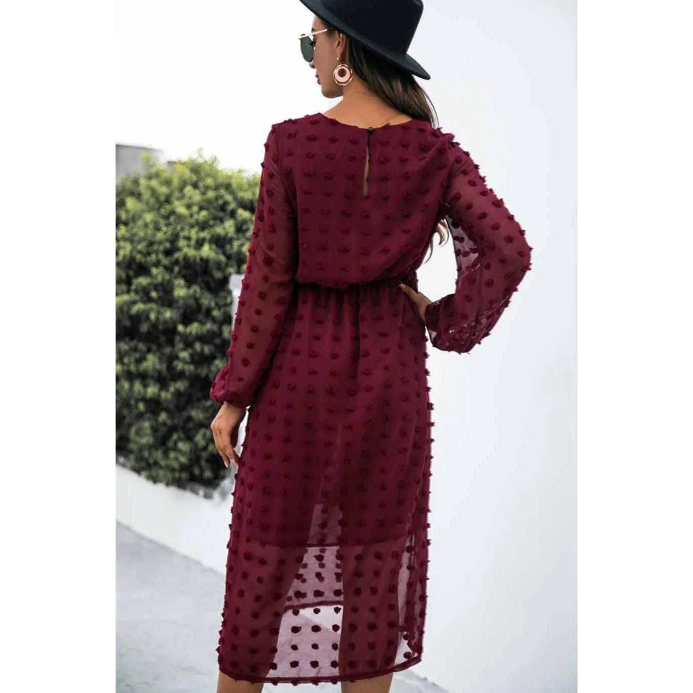 Burgundy Swiss Dot Midi Dress
