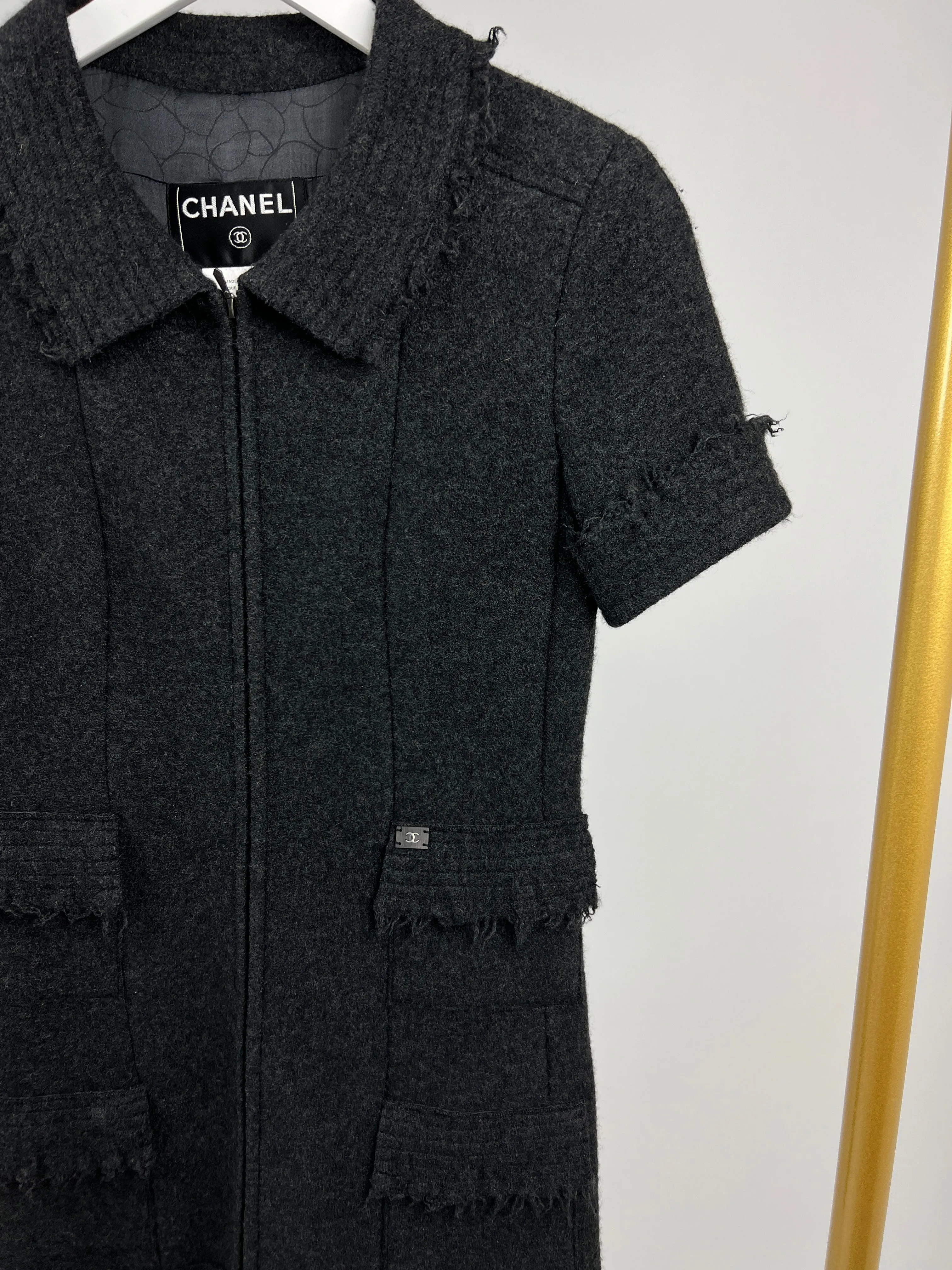 Chanel Charcoal Short Sleeve Mid Length Pocketed Jacket With Frayed Detail Fr 34 (uk 6)