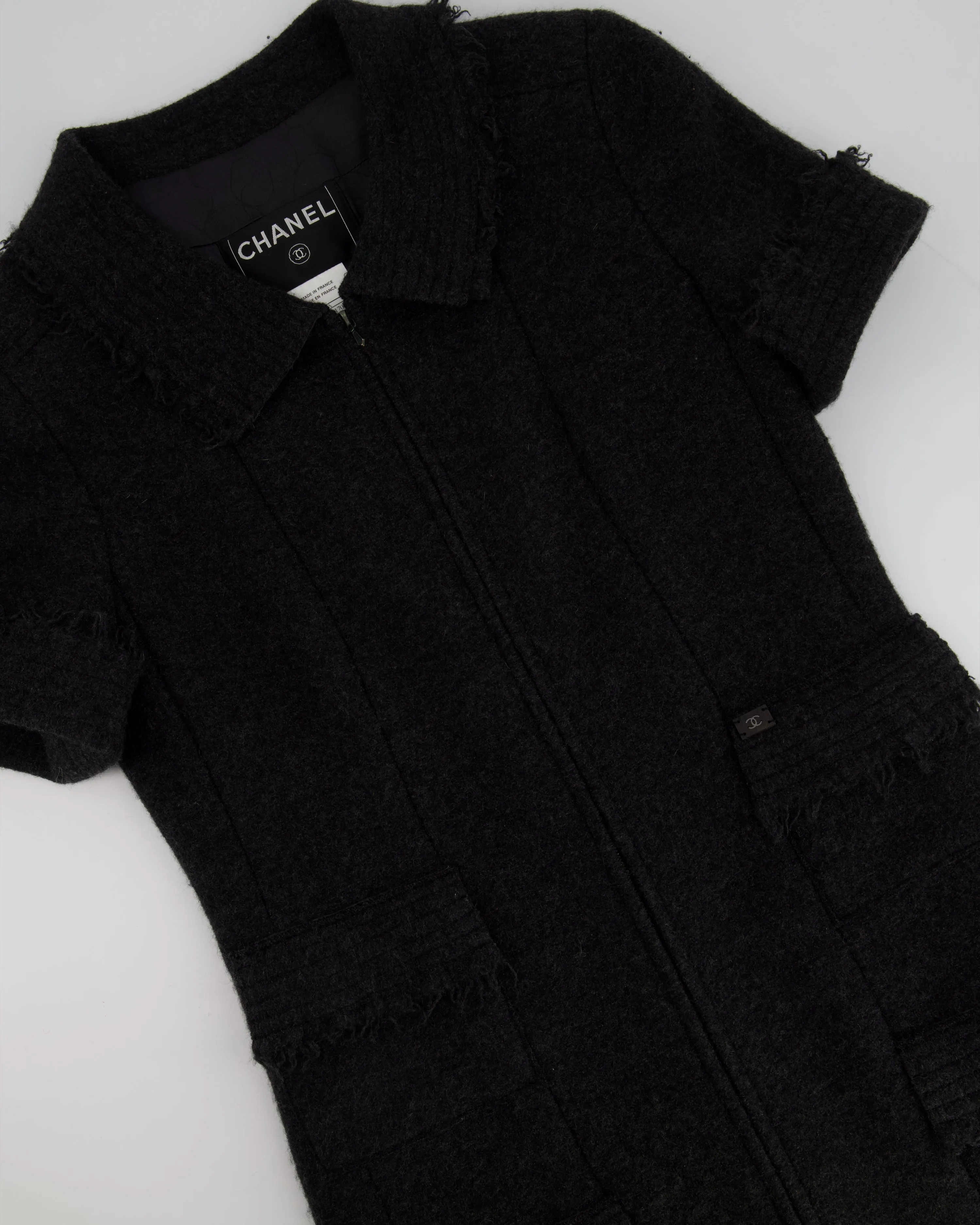 Chanel Charcoal Short Sleeve Mid Length Pocketed Jacket With Frayed Detail Fr 34 (uk 6)