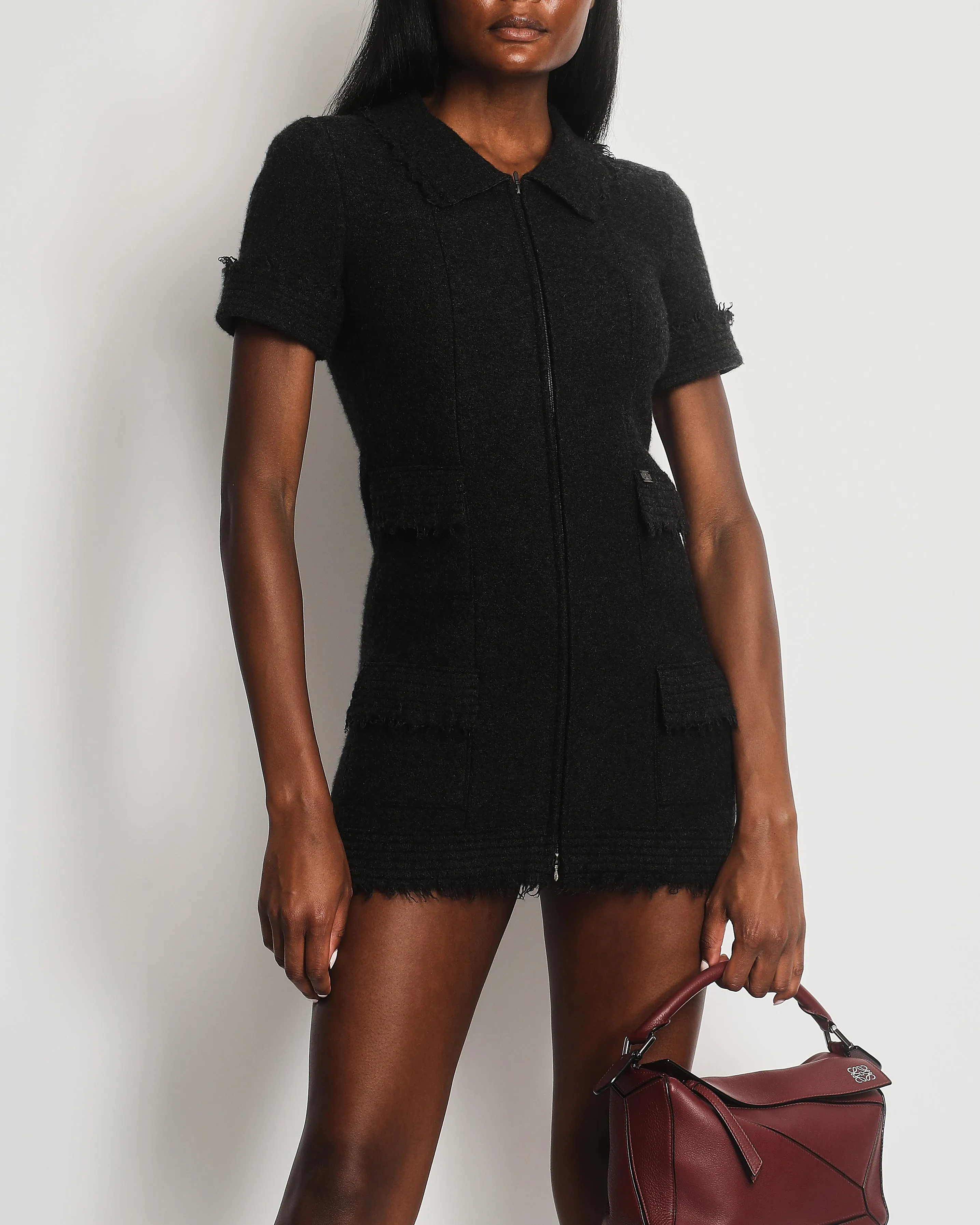 Chanel Charcoal Short Sleeve Mid Length Pocketed Jacket With Frayed Detail Fr 34 (uk 6)