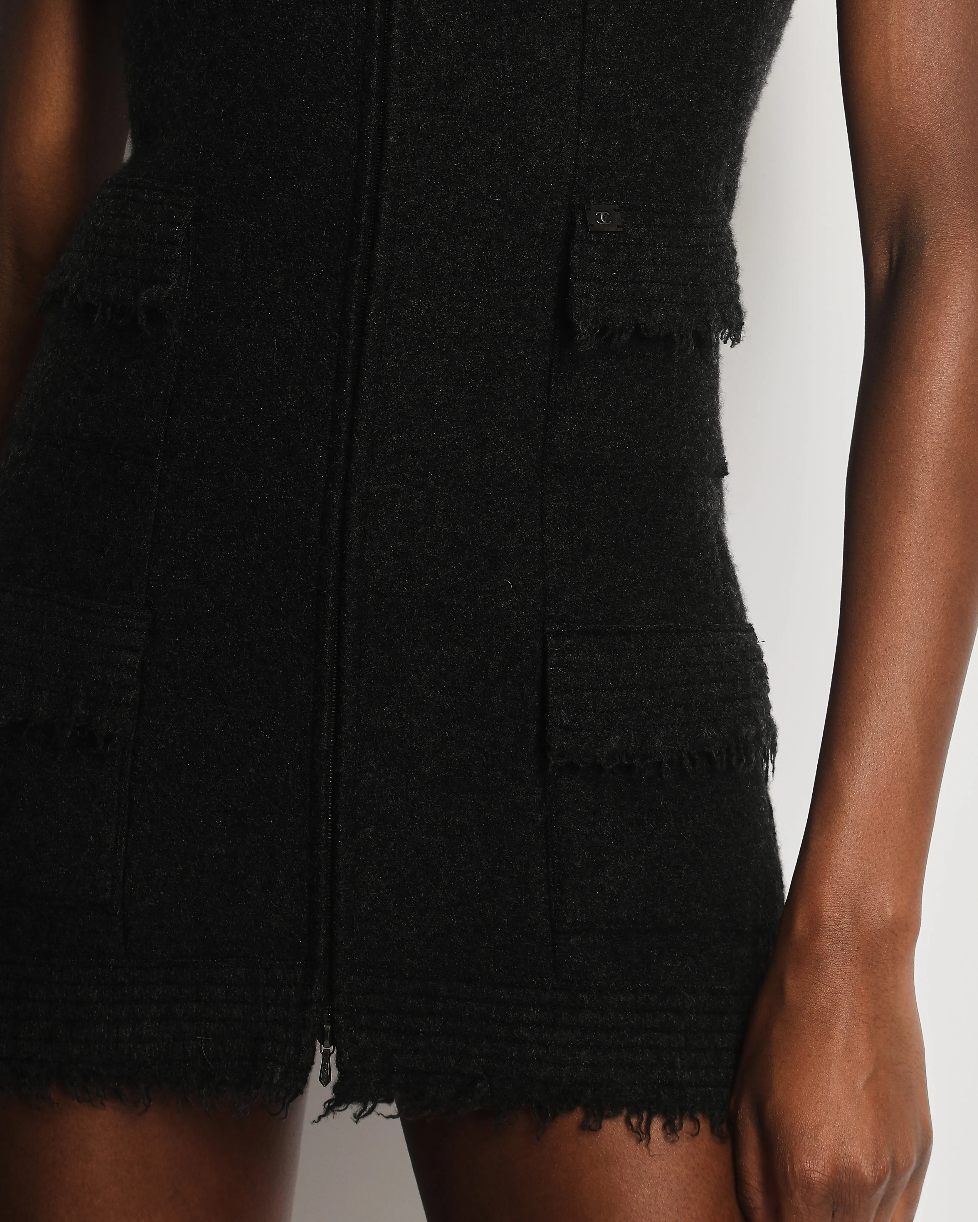 Chanel Charcoal Short Sleeve Mid Length Pocketed Jacket With Frayed Detail Fr 34 (uk 6)