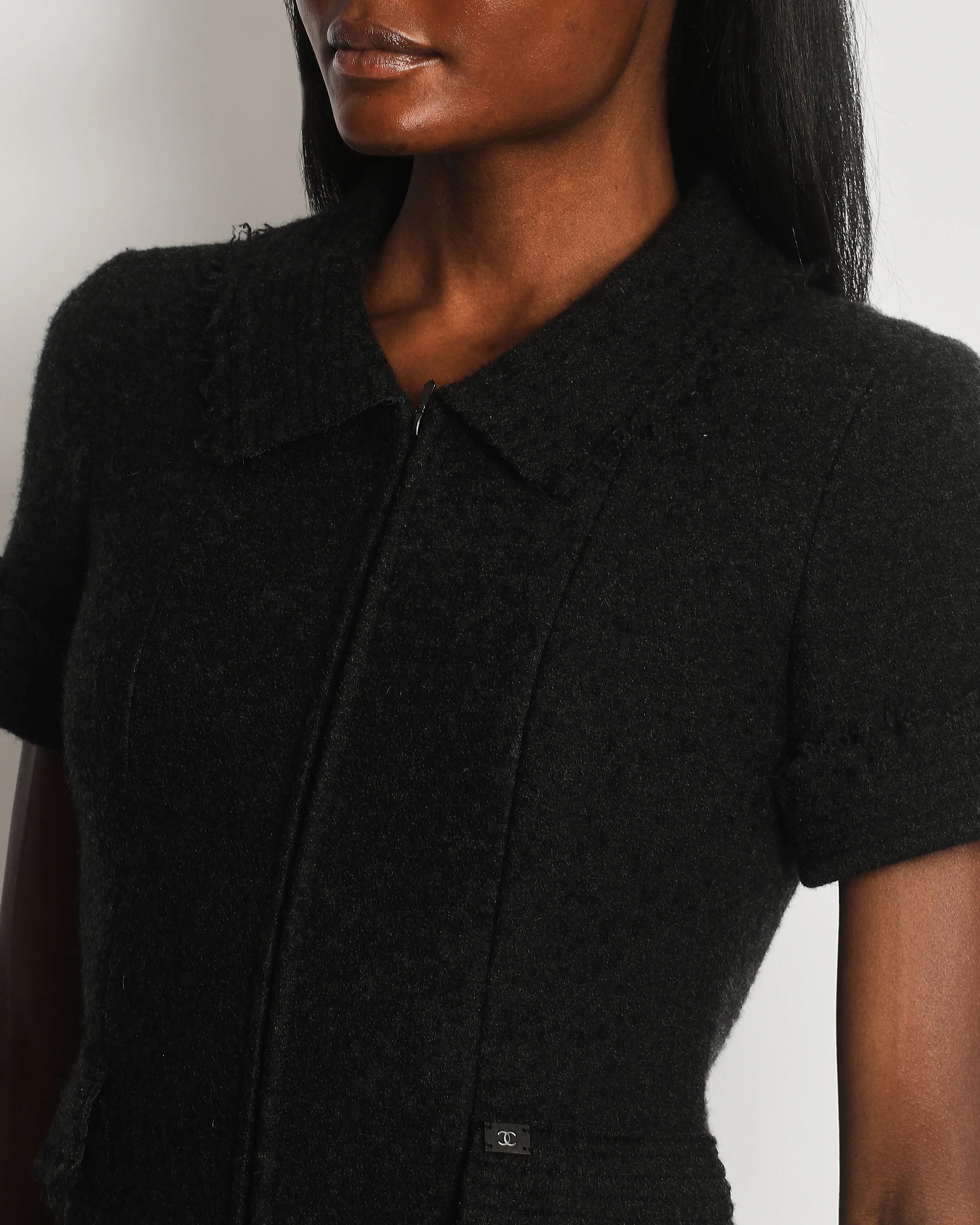 Chanel Charcoal Short Sleeve Mid Length Pocketed Jacket With Frayed Detail Fr 34 (uk 6)