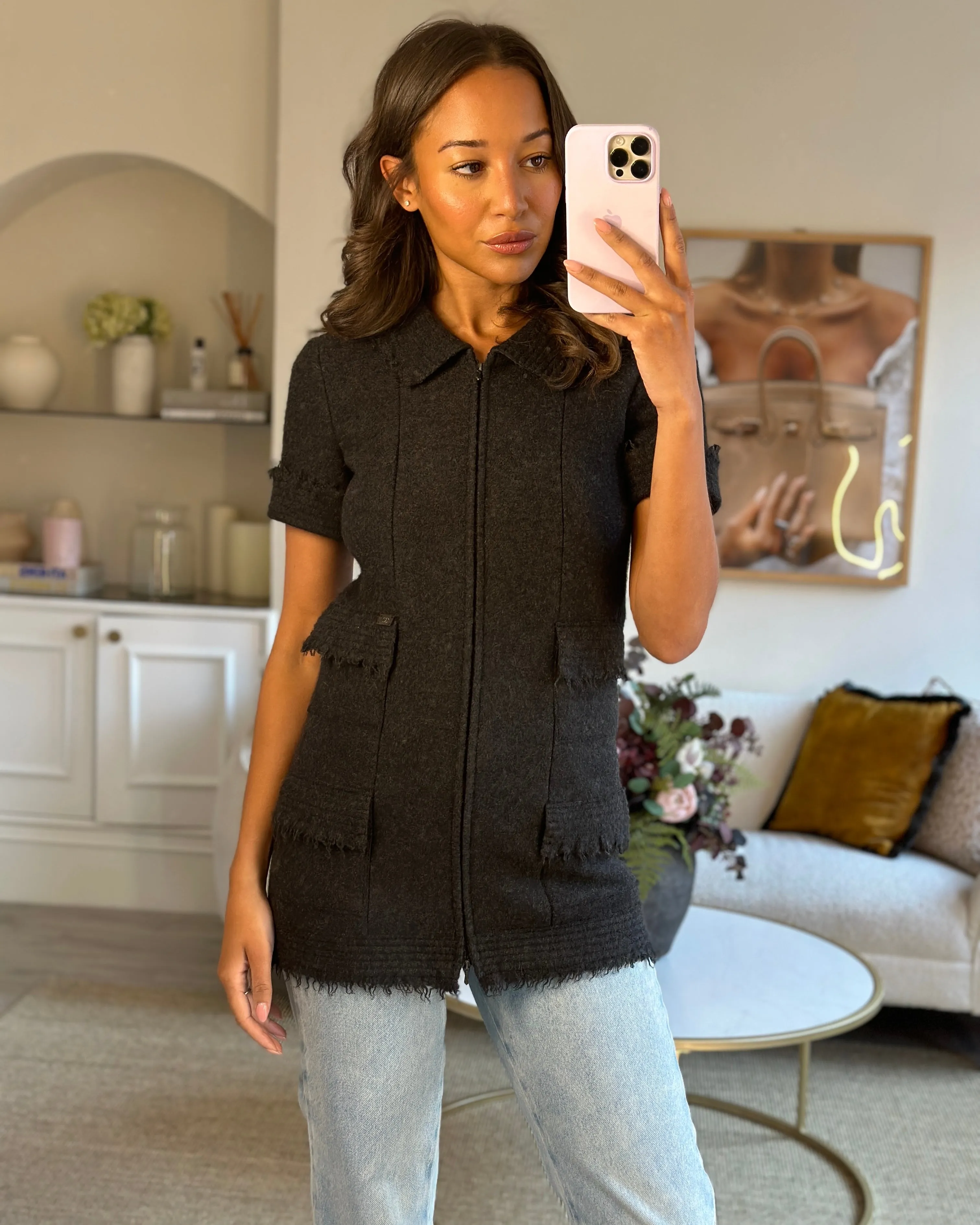 Chanel Charcoal Short Sleeve Mid Length Pocketed Jacket With Frayed Detail Fr 34 (uk 6)