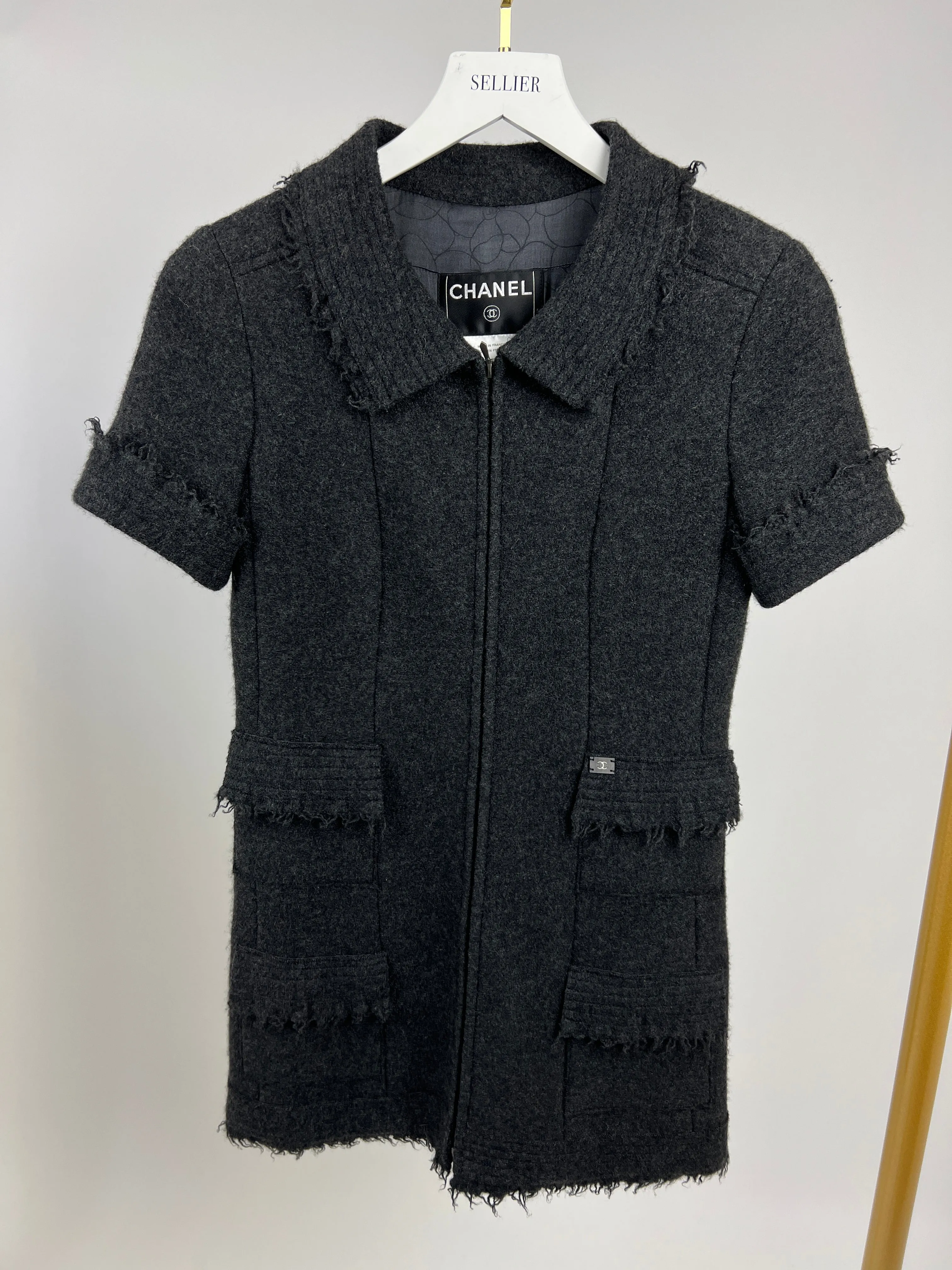 Chanel Charcoal Short Sleeve Mid Length Pocketed Jacket With Frayed Detail Fr 34 (uk 6)