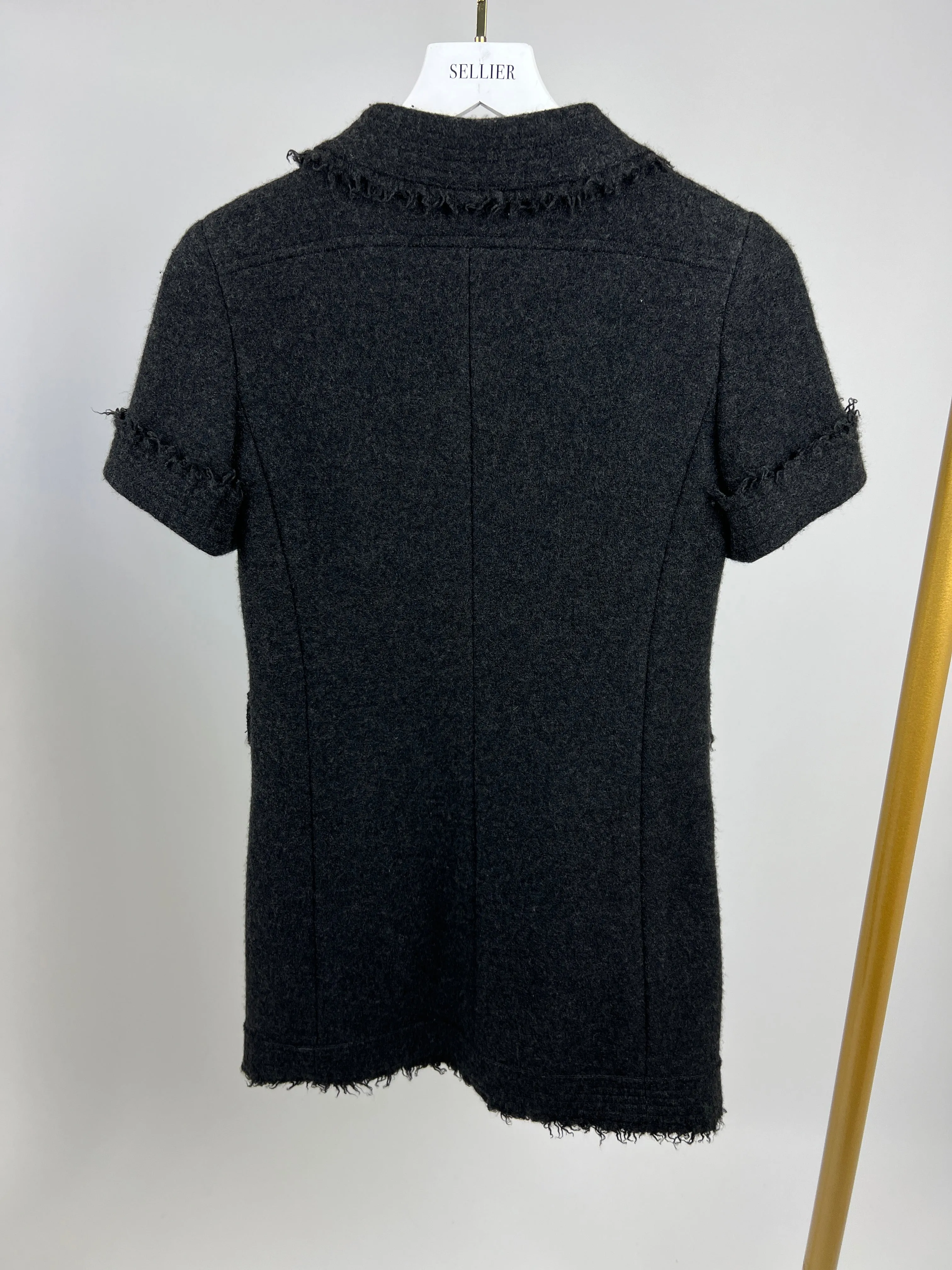 Chanel Charcoal Short Sleeve Mid Length Pocketed Jacket With Frayed Detail Fr 34 (uk 6)