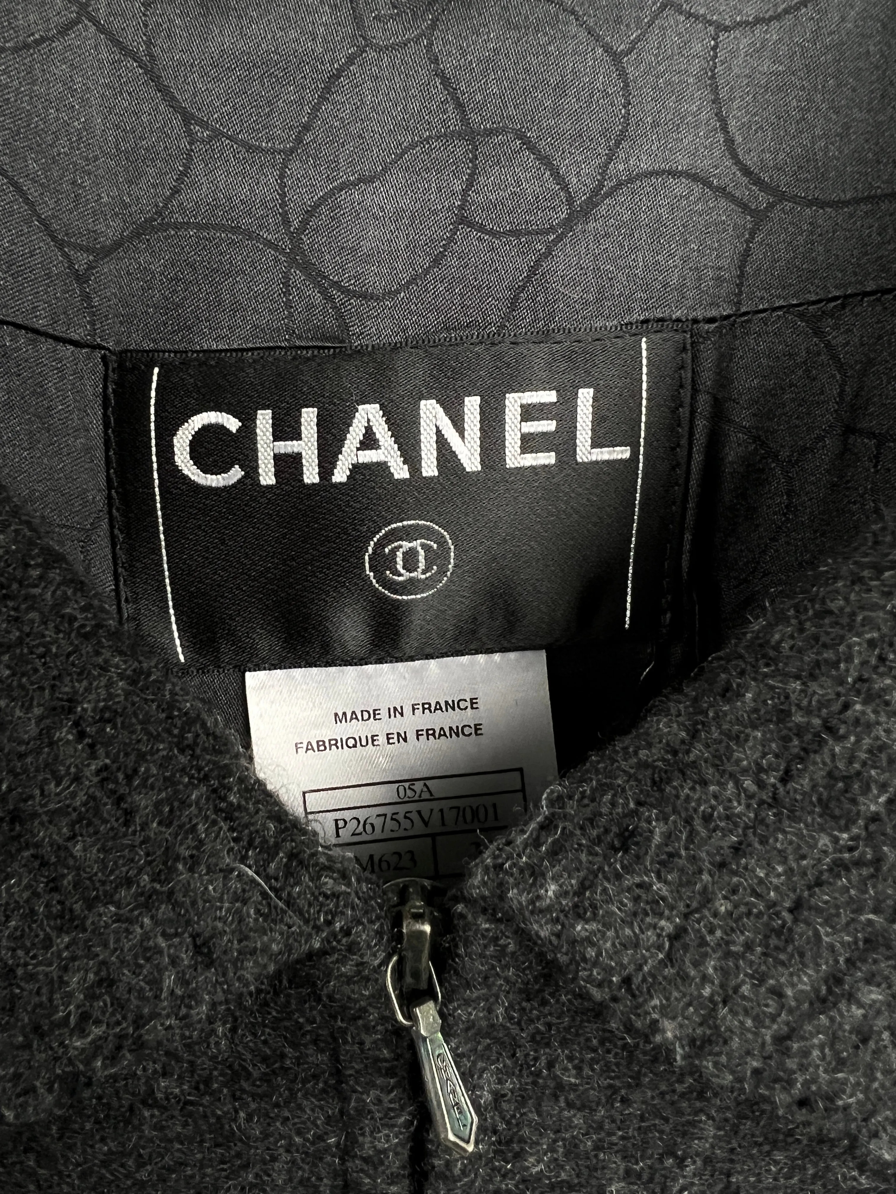 Chanel Charcoal Short Sleeve Mid Length Pocketed Jacket With Frayed Detail Fr 34 (uk 6)