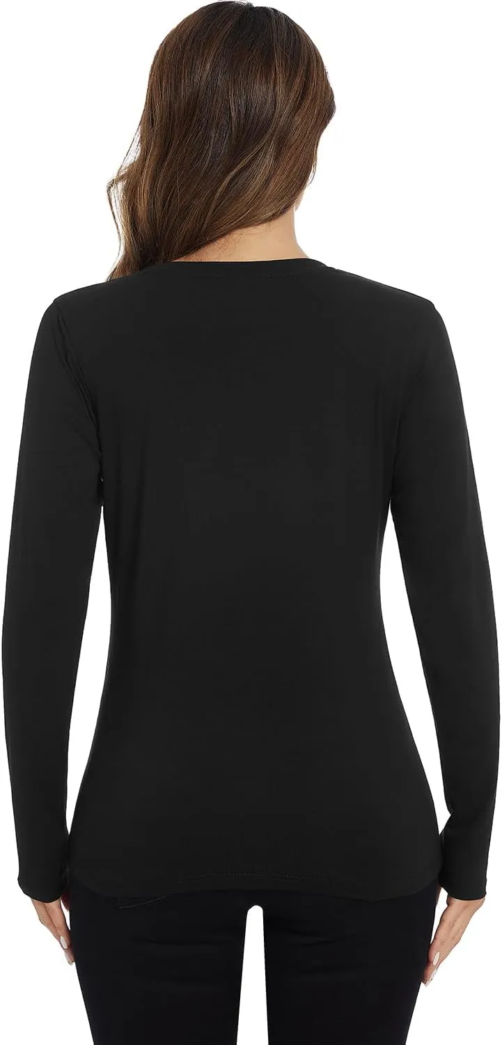 Cosy Pyro Cotton Long Sleeve T Shirt for Women Crew Neck Classic-Fit Workout Shirts Soft Solid Basic Tee