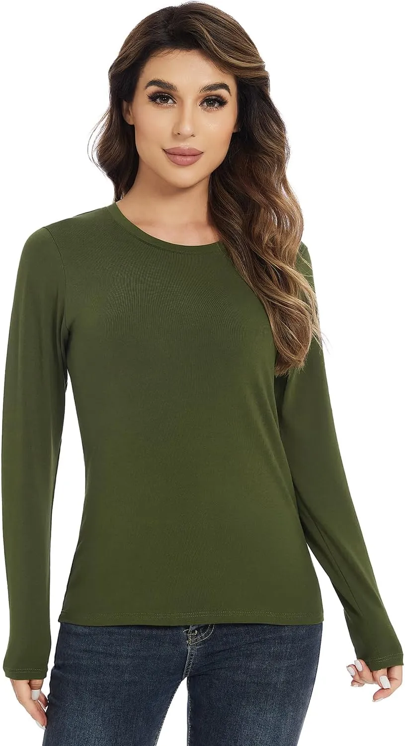 Cosy Pyro Cotton Long Sleeve T Shirt for Women Crew Neck Classic-Fit Workout Shirts Soft Solid Basic Tee