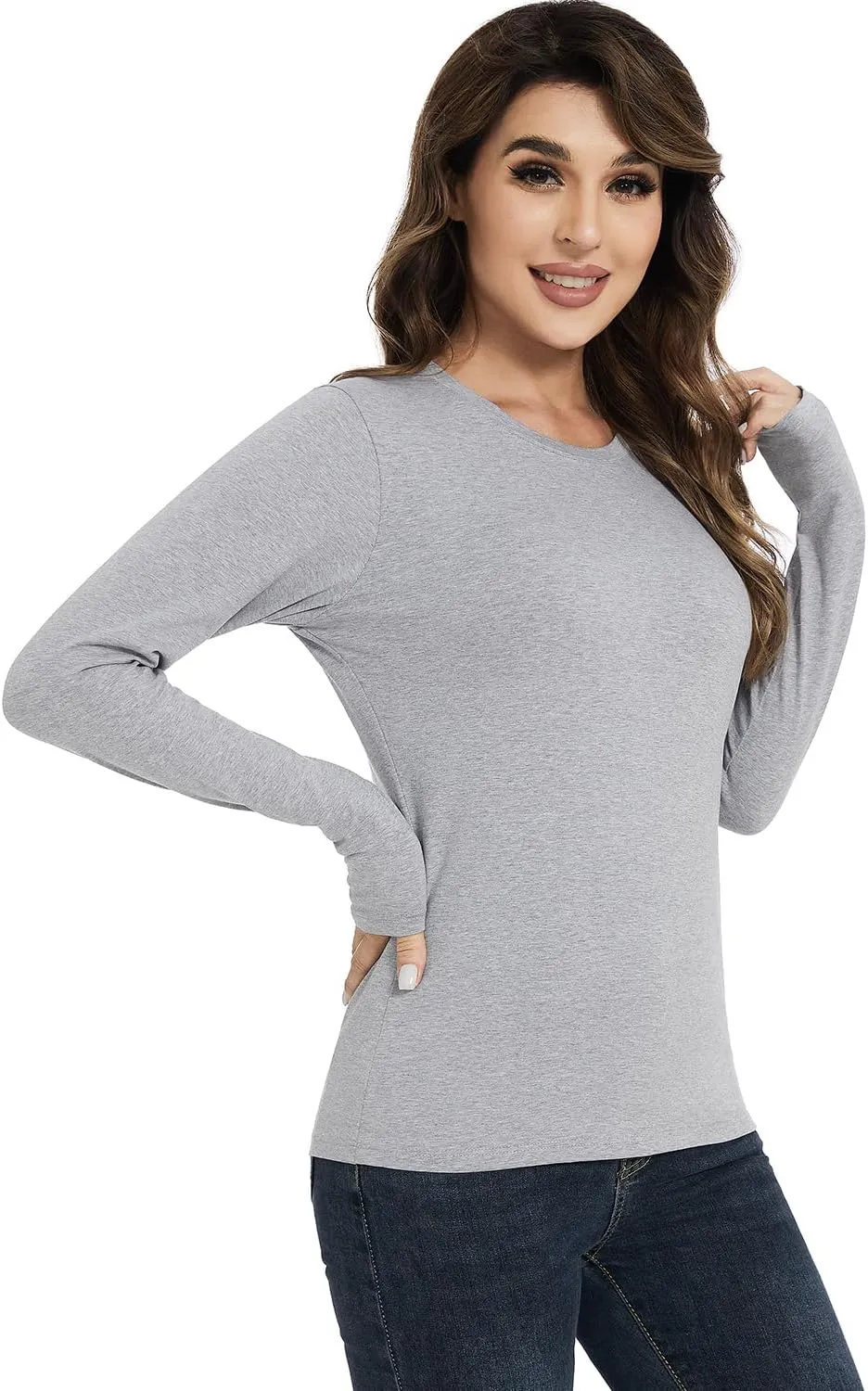 Cosy Pyro Cotton Long Sleeve T Shirt for Women Crew Neck Classic-Fit Workout Shirts Soft Solid Basic Tee