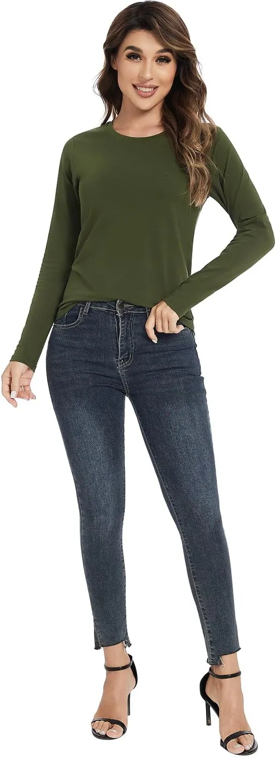 Cosy Pyro Cotton Long Sleeve T Shirt for Women Crew Neck Classic-Fit Workout Shirts Soft Solid Basic Tee