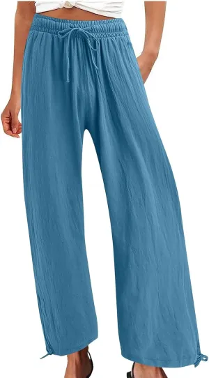 Cotton Linen Palazzo Pants for Women Dressy Casual Wide Leg Trousers Casual Elastic High Waisted Slacks with Pockets