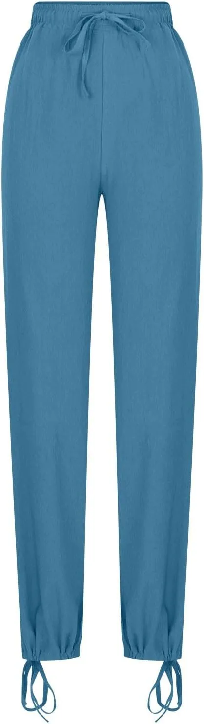 Cotton Linen Palazzo Pants for Women Dressy Casual Wide Leg Trousers Casual Elastic High Waisted Slacks with Pockets