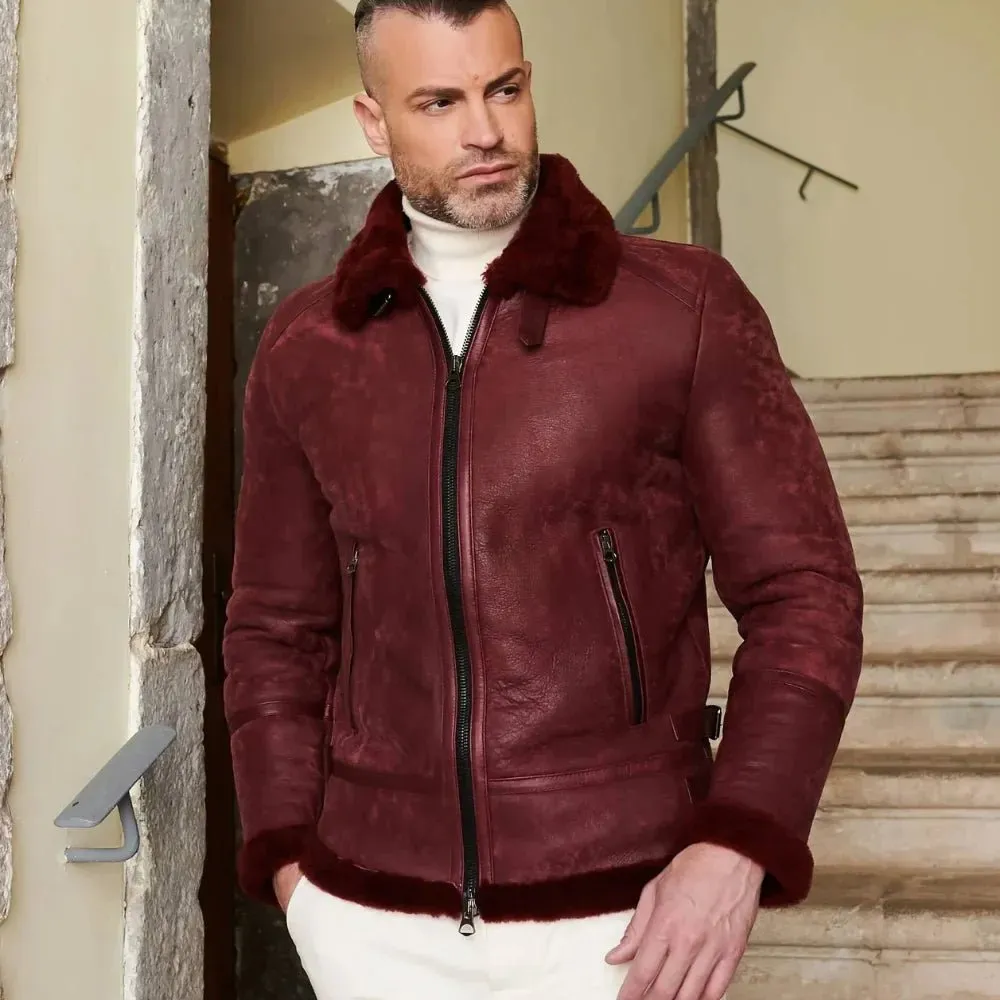 Dark Maroon Leather American Bomber Jacket Mens