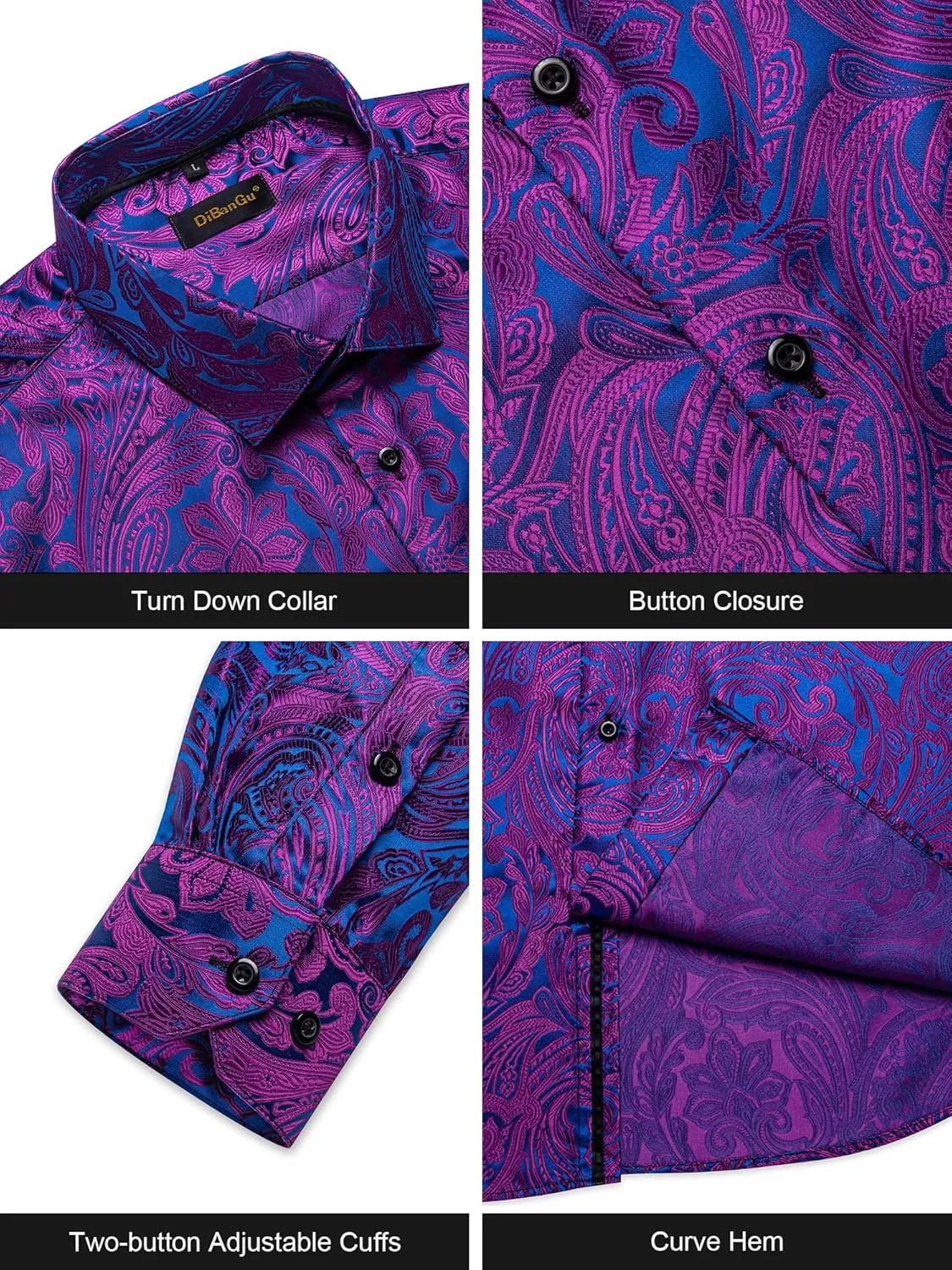 DiBanGu Silk Paisley Dress Shirts for Men Long Sleeve Button Down Shirt Casual Regular Fit Mens Shirts Wedding Party