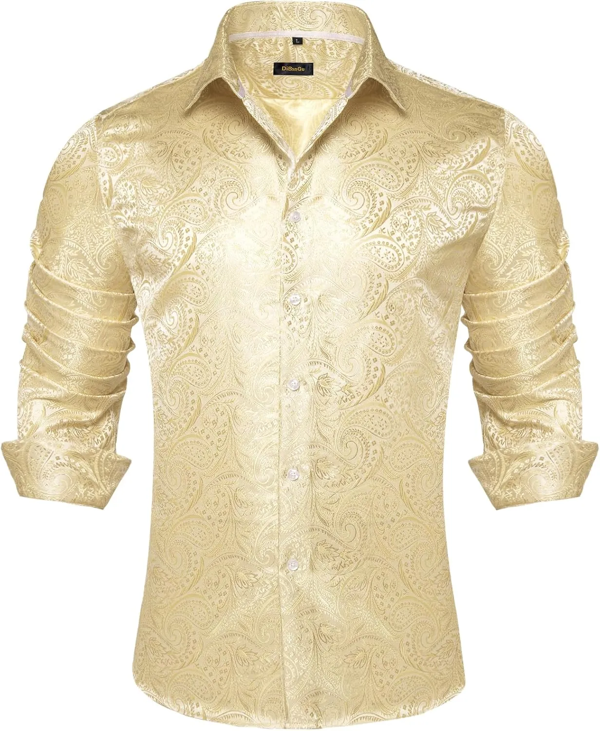DiBanGu Silk Paisley Dress Shirts for Men Long Sleeve Button Down Shirt Casual Regular Fit Mens Shirts Wedding Party