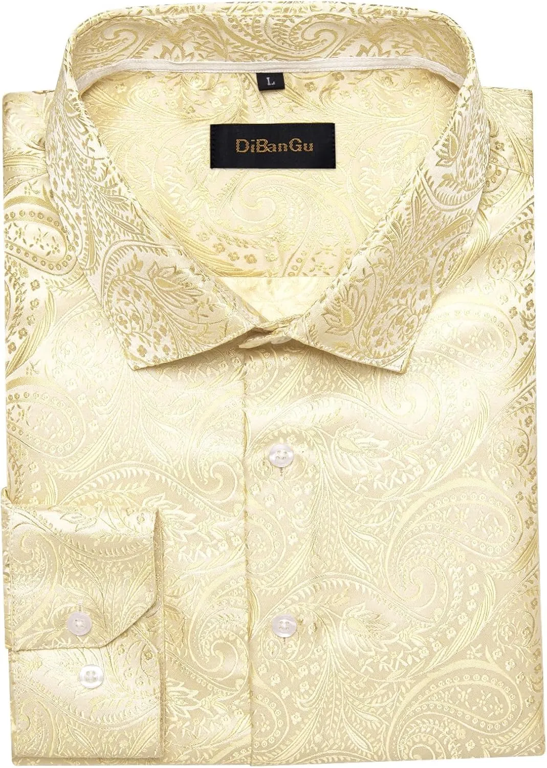DiBanGu Silk Paisley Dress Shirts for Men Long Sleeve Button Down Shirt Casual Regular Fit Mens Shirts Wedding Party