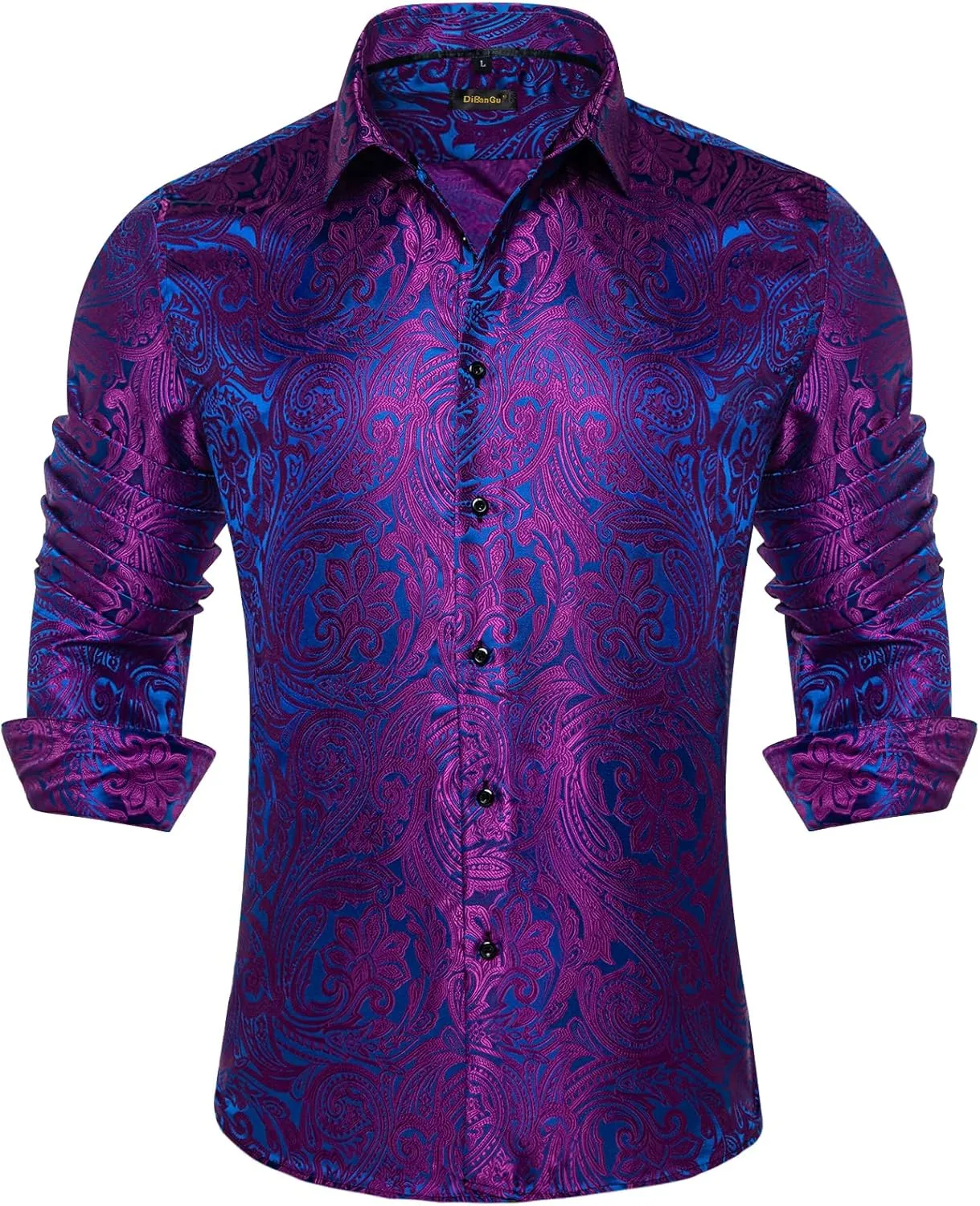 DiBanGu Silk Paisley Dress Shirts for Men Long Sleeve Button Down Shirt Casual Regular Fit Mens Shirts Wedding Party