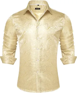 DiBanGu Silk Paisley Dress Shirts for Men Long Sleeve Button Down Shirt Casual Regular Fit Mens Shirts Wedding Party