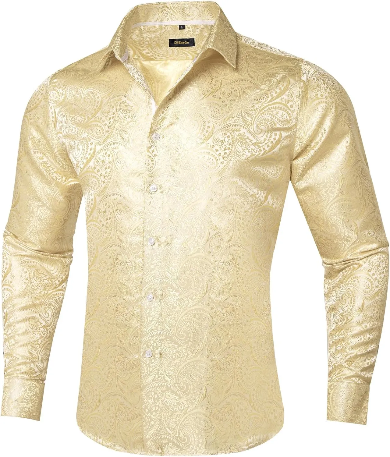 DiBanGu Silk Paisley Dress Shirts for Men Long Sleeve Button Down Shirt Casual Regular Fit Mens Shirts Wedding Party
