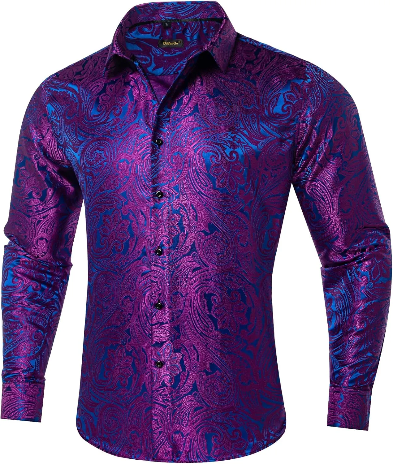 DiBanGu Silk Paisley Dress Shirts for Men Long Sleeve Button Down Shirt Casual Regular Fit Mens Shirts Wedding Party