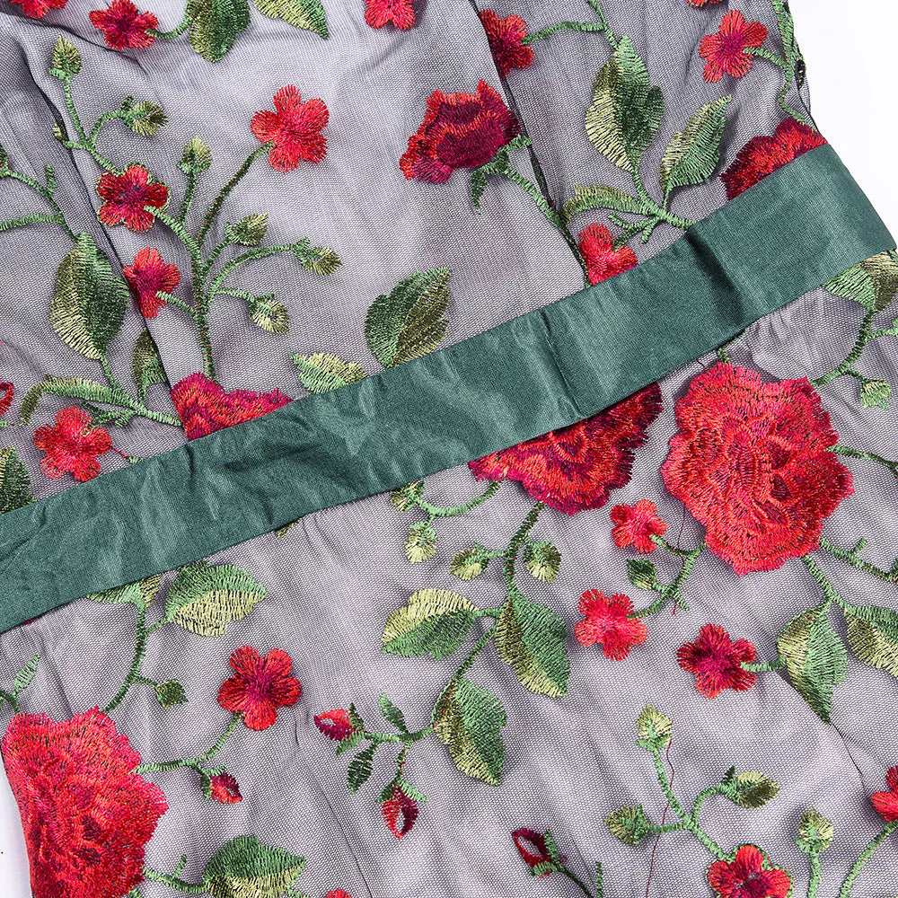 Embroidery Flowers Backless Pleated Long Prom Party Dress