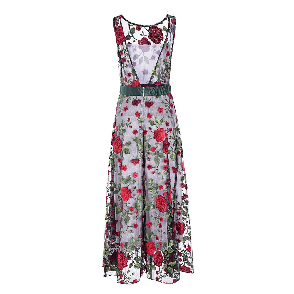 Embroidery Flowers Backless Pleated Long Prom Party Dress
