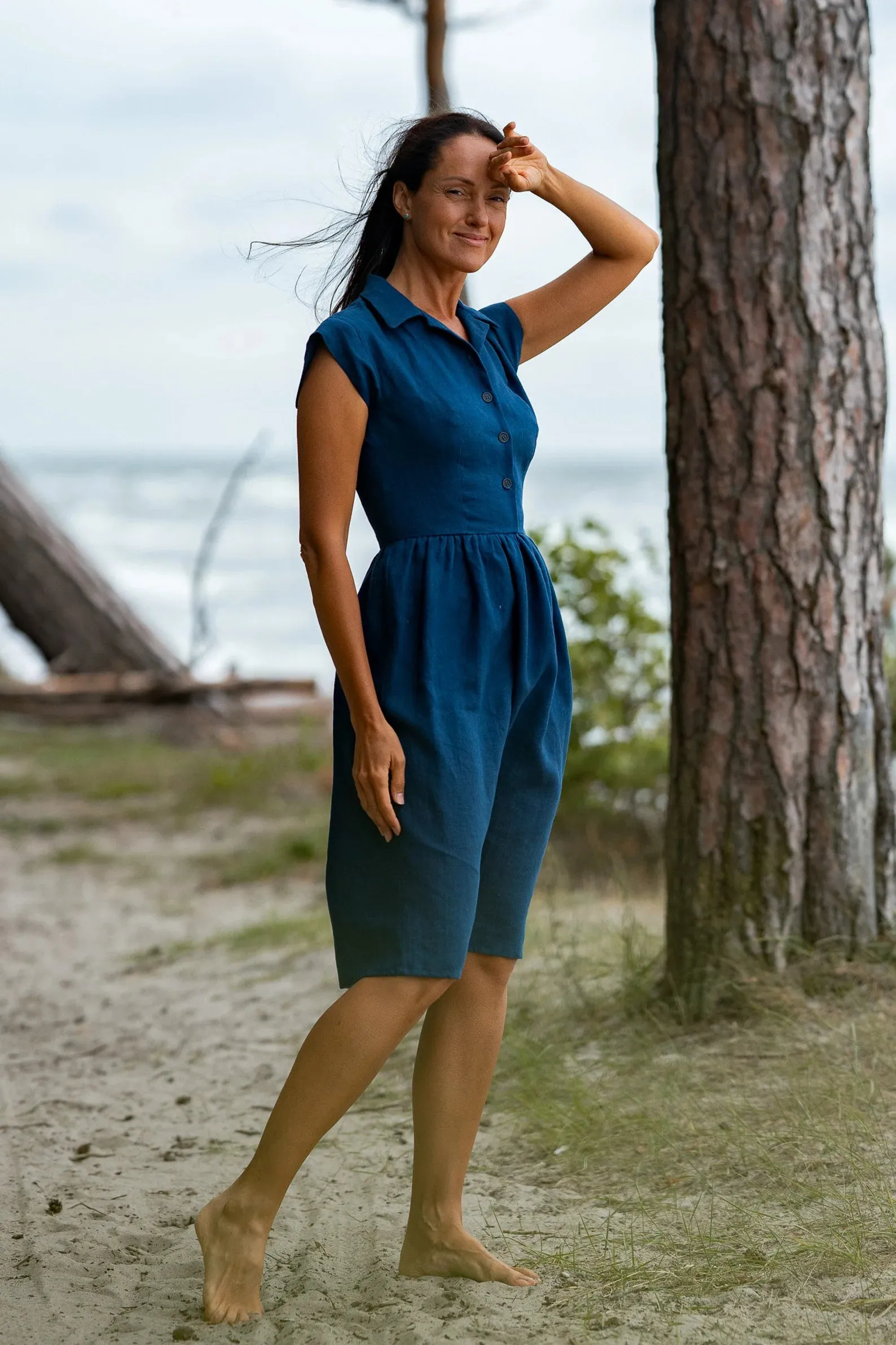 Fitted Linen Dress CINDERELLA In Midnight Blue