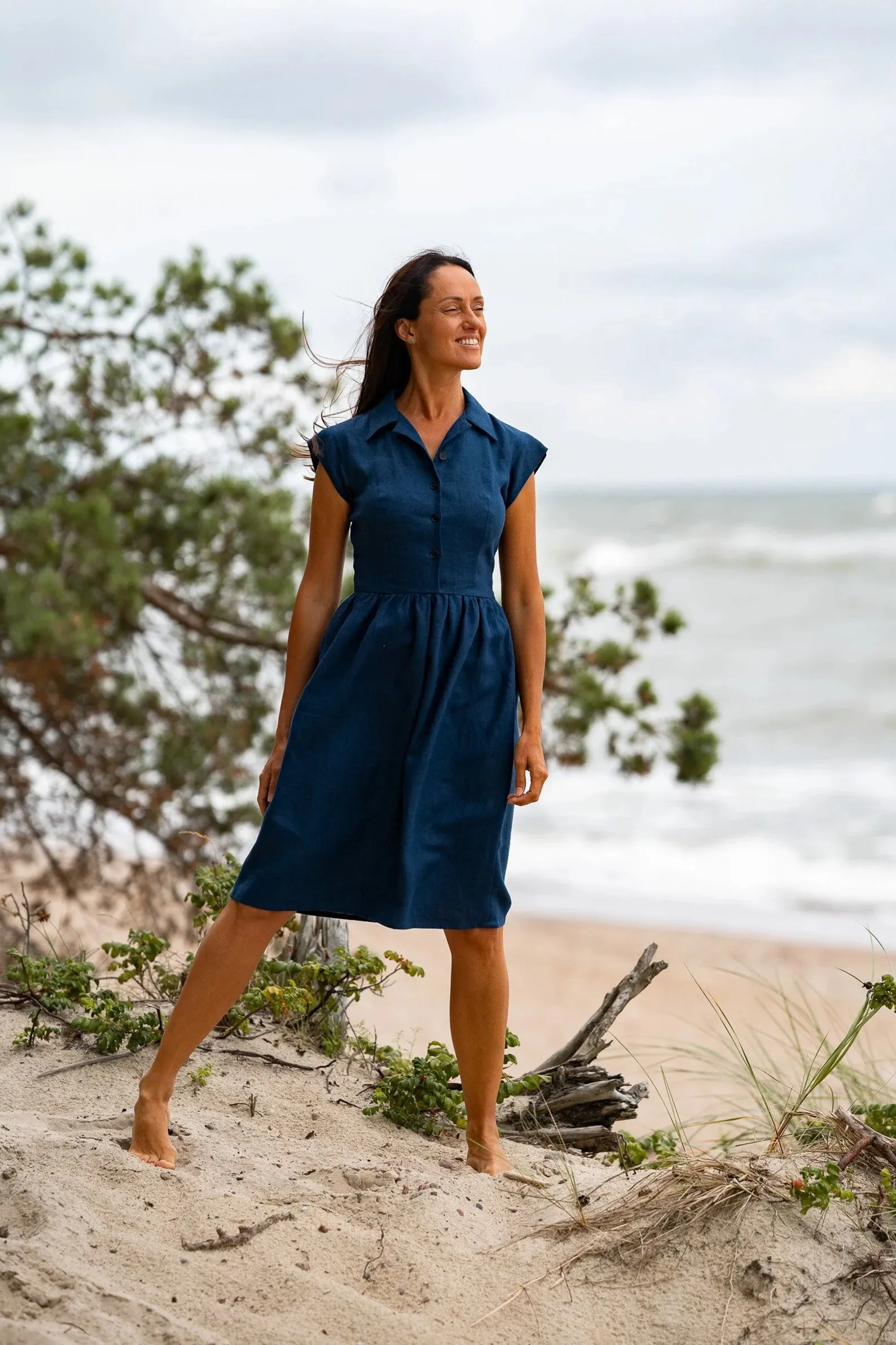 Fitted Linen Dress CINDERELLA In Midnight Blue