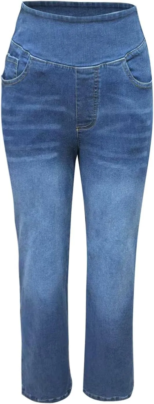 GIERIDUC Stretch Jeans for Women Retro Wide Leg Elastic High Waisted Loose Casual Look Like Jeans Sweatpants with Pockets