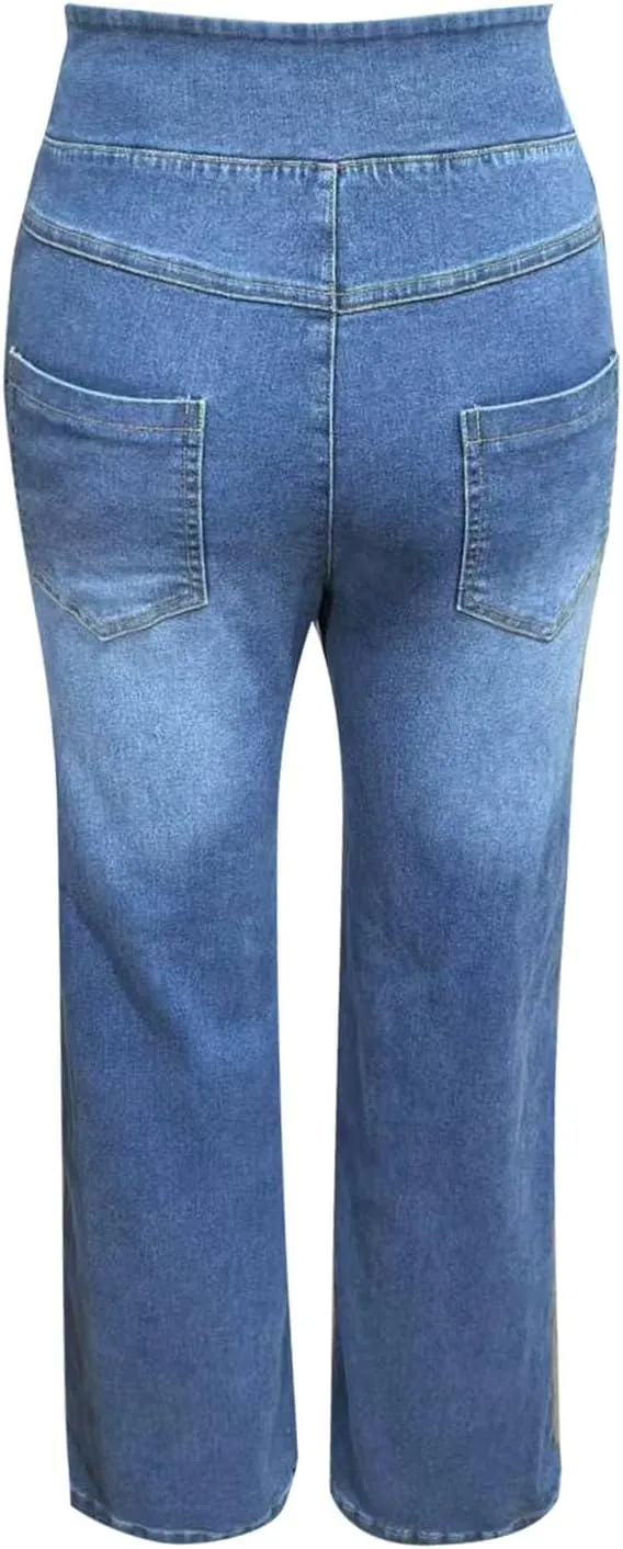 GIERIDUC Stretch Jeans for Women Retro Wide Leg Elastic High Waisted Loose Casual Look Like Jeans Sweatpants with Pockets