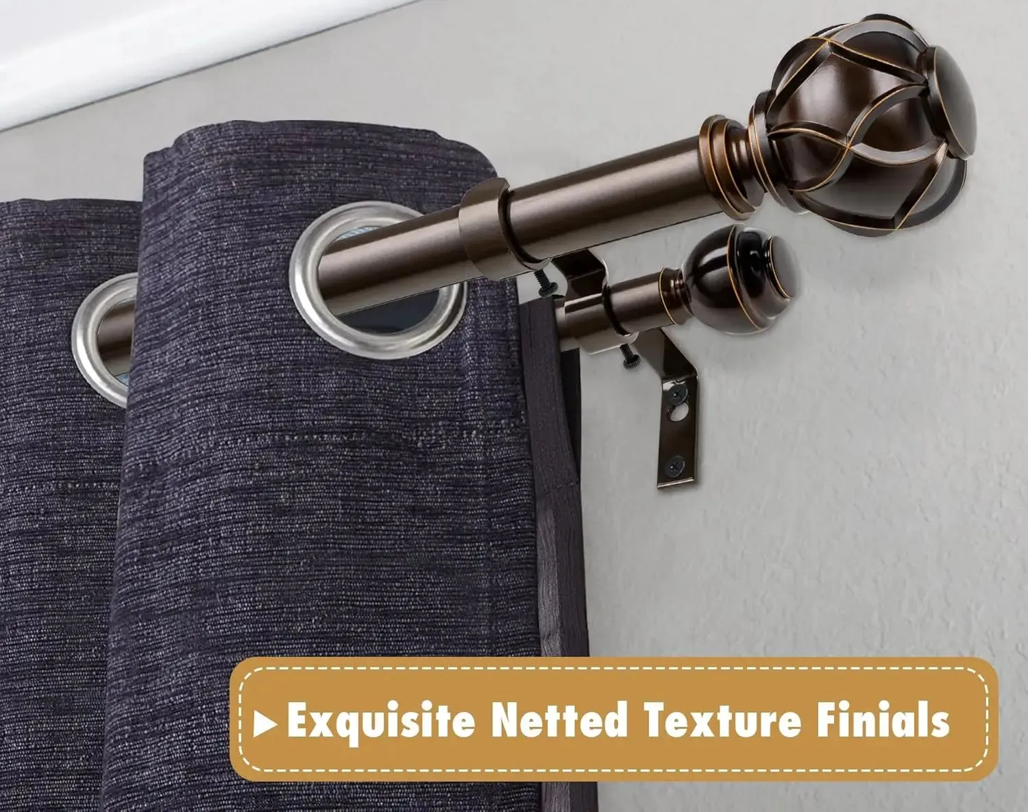 Heavy-Duty Telescoping Double Curtain Rod 66-120 Inch  Netted Texture Finials, 30lb Capacity, 6 Colors for Large Windows (54-115)