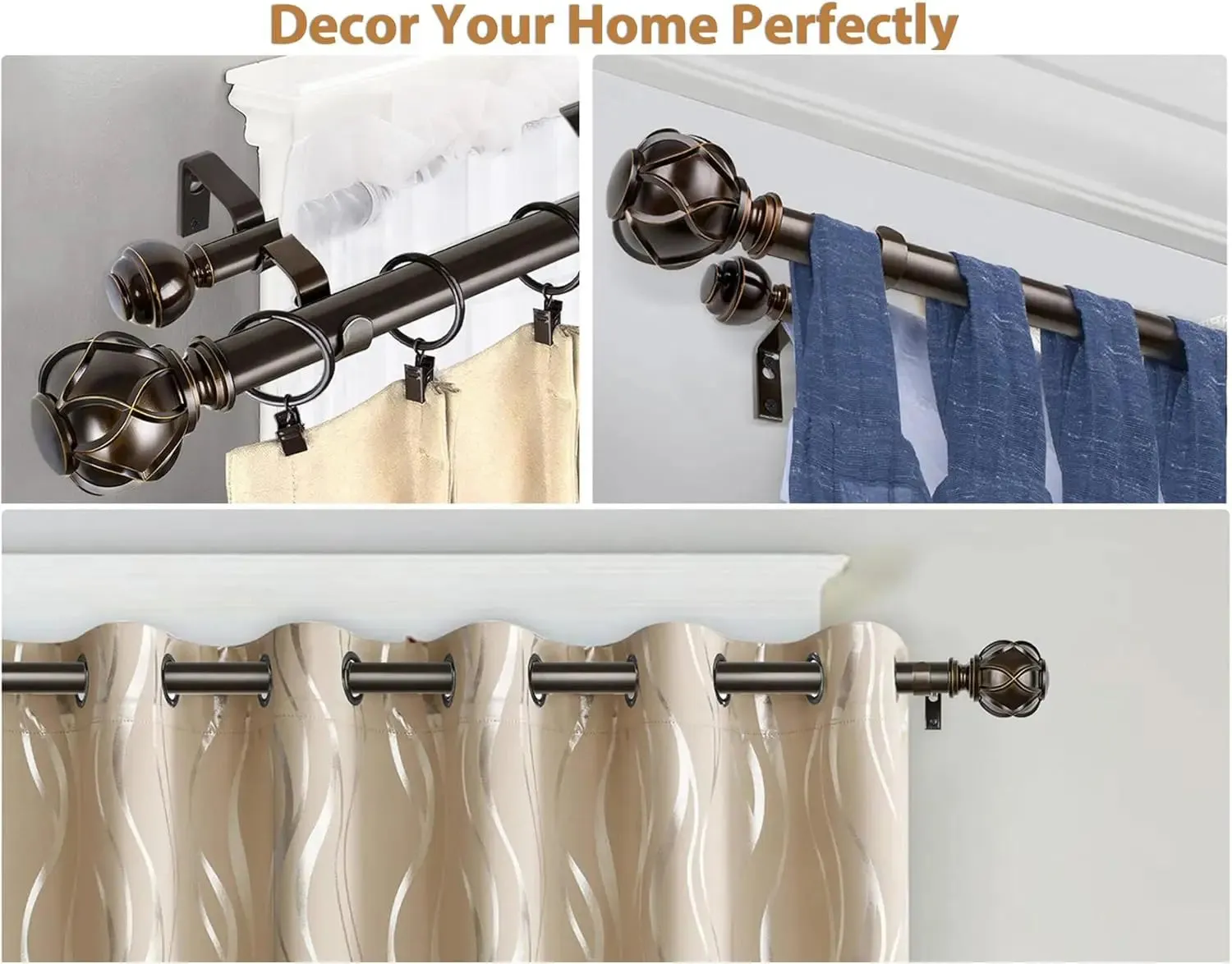Heavy-Duty Telescoping Double Curtain Rod 66-120 Inch  Netted Texture Finials, 30lb Capacity, 6 Colors for Large Windows (54-115)