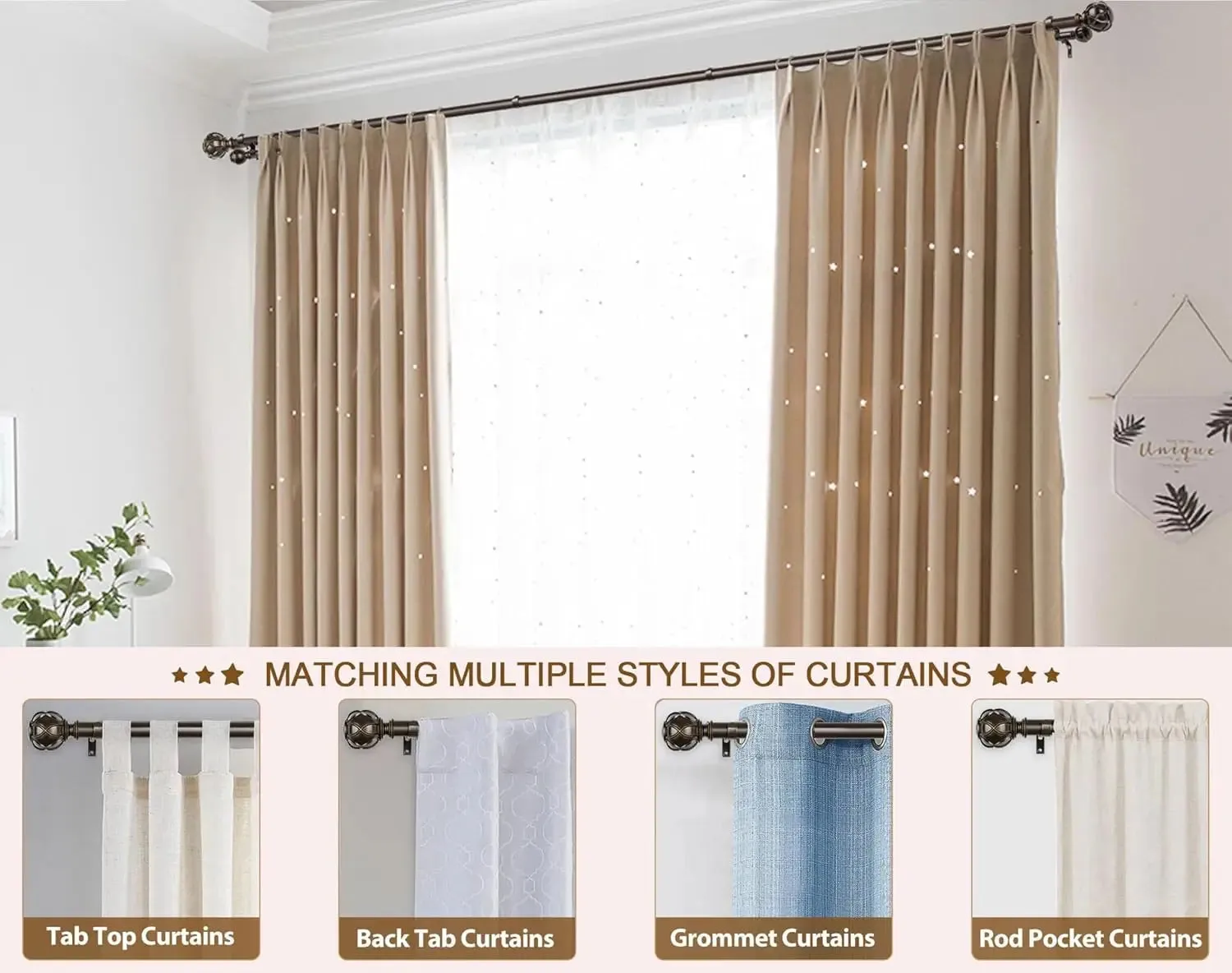 Heavy-Duty Telescoping Double Curtain Rod 66-120 Inch  Netted Texture Finials, 30lb Capacity, 6 Colors for Large Windows (54-115)