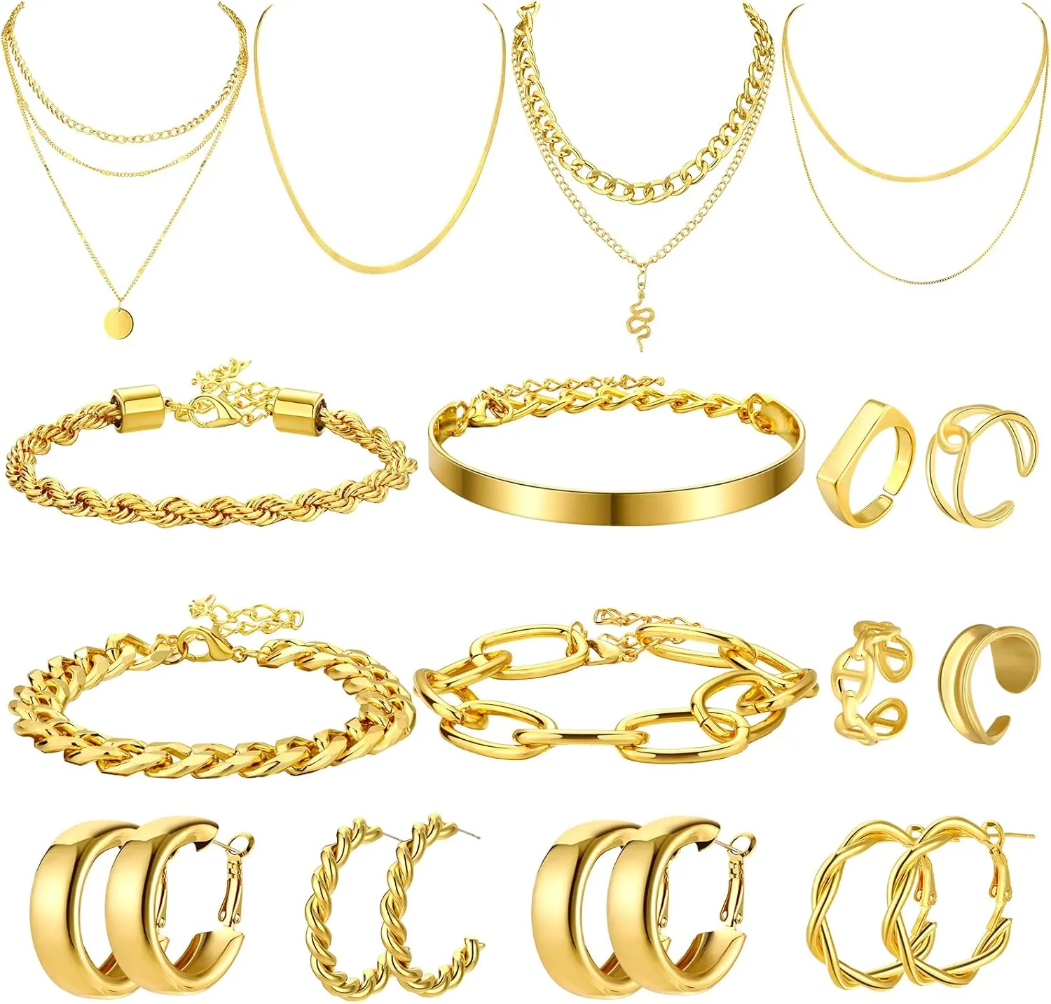 Henoyso 16 Pcs Gold Jewelry for Women Necklaces, Bracelets, Earrings, Knuckle Rings for Valentine's Birthday Wedding Parties Anniversary Birthday Friendship Gift