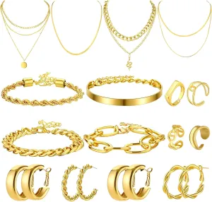 Henoyso 16 Pcs Gold Jewelry for Women Necklaces, Bracelets, Earrings, Knuckle Rings for Valentine's Birthday Wedding Parties Anniversary Birthday Friendship Gift