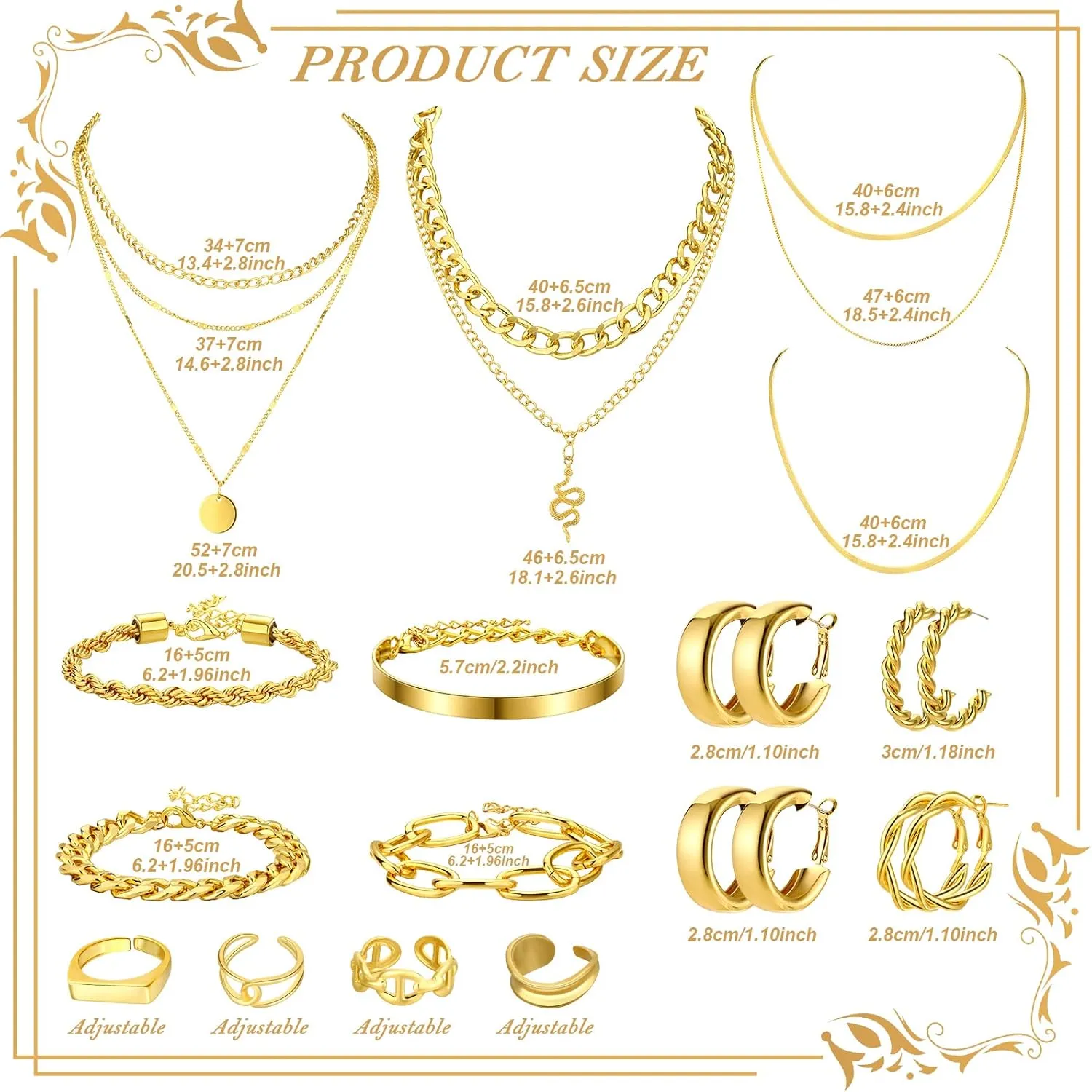 Henoyso 16 Pcs Gold Jewelry for Women Necklaces, Bracelets, Earrings, Knuckle Rings for Valentine's Birthday Wedding Parties Anniversary Birthday Friendship Gift