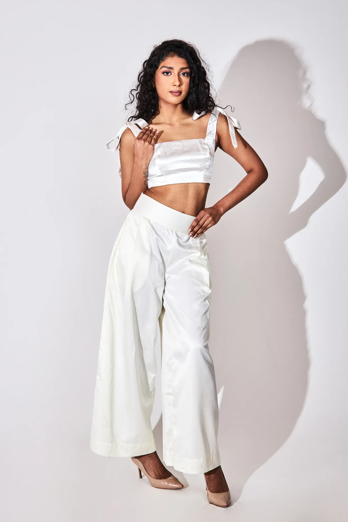 High Waisted Palazzo Trousers in Cream