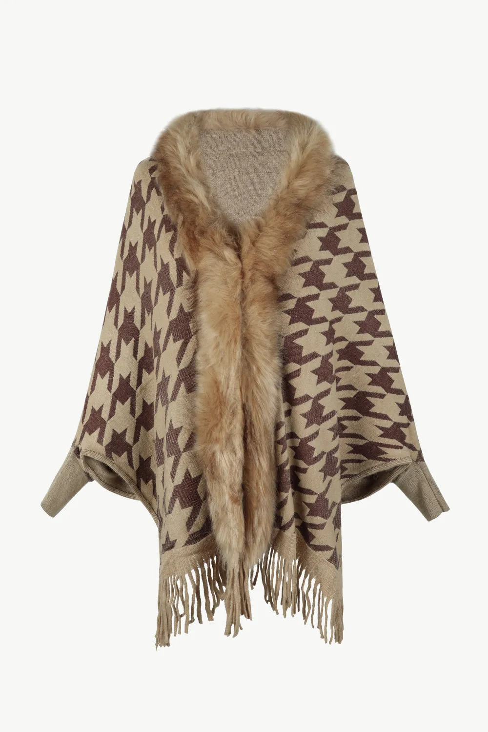 Houndstooth Fringe Hem Poncho | Casual Polyester Poncho With Long Cuffed Sleeves