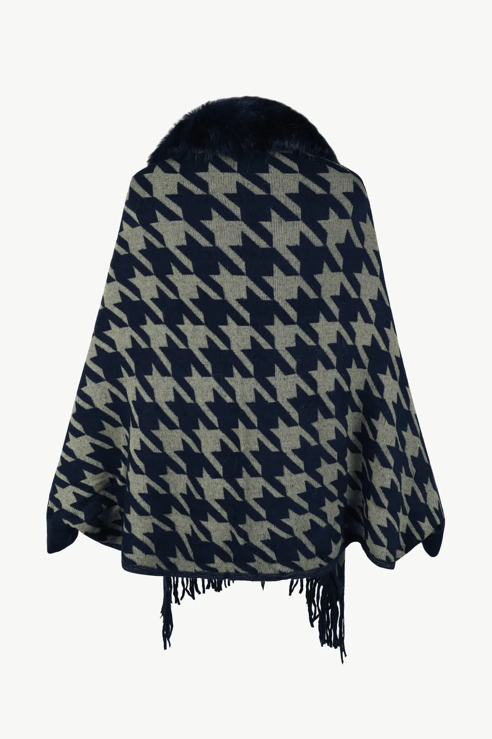 Houndstooth Fringe Hem Poncho | Casual Polyester Poncho With Long Cuffed Sleeves