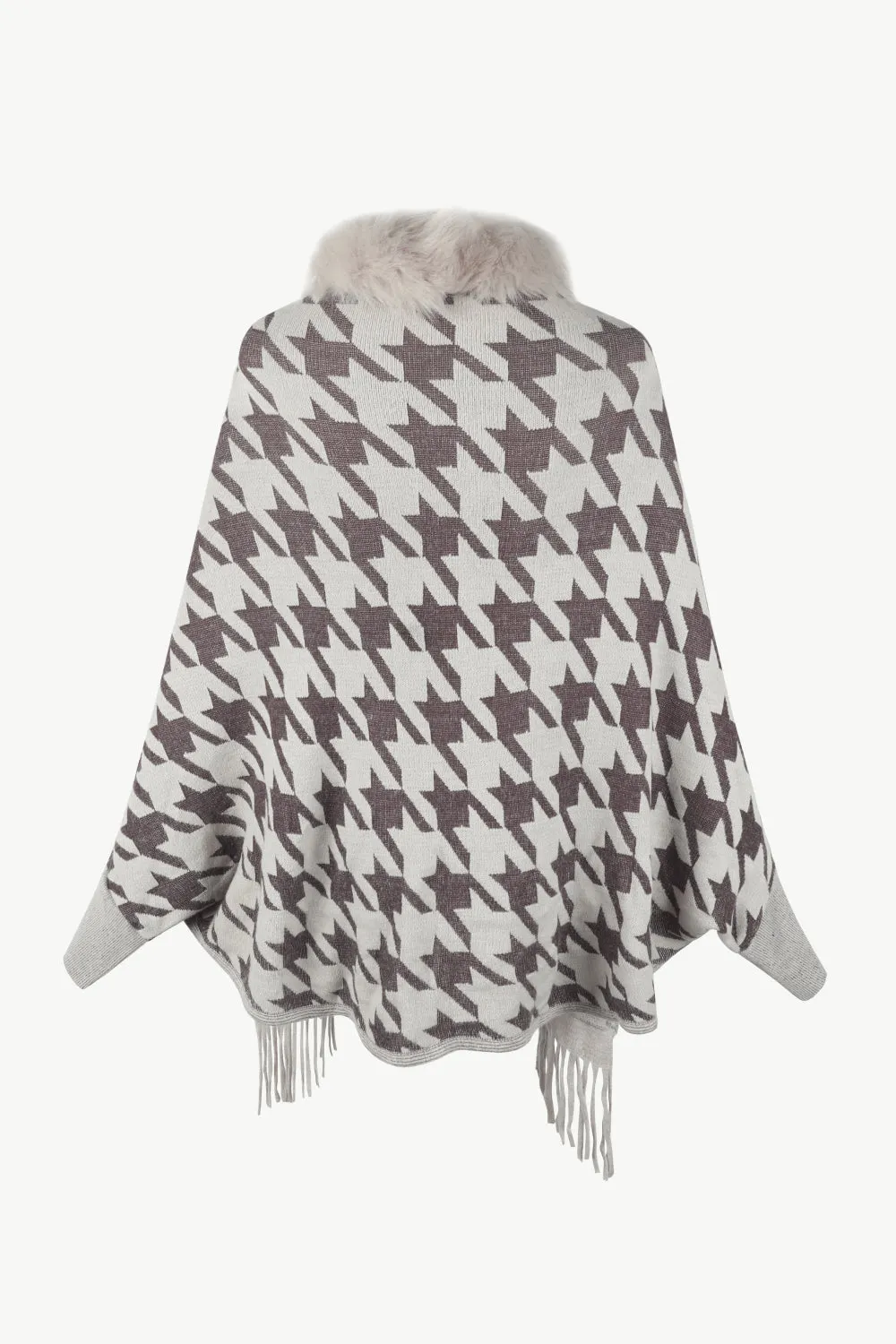 Houndstooth Fringe Hem Poncho | Casual Polyester Poncho With Long Cuffed Sleeves