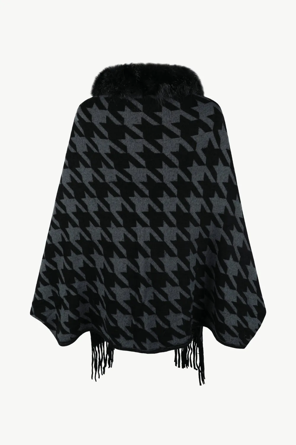 Houndstooth Fringe Hem Poncho | Casual Polyester Poncho With Long Cuffed Sleeves