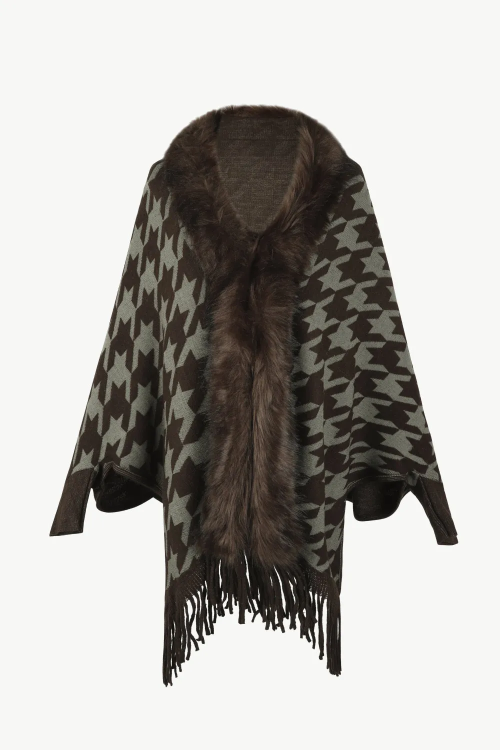 Houndstooth Fringe Hem Poncho | Casual Polyester Poncho With Long Cuffed Sleeves